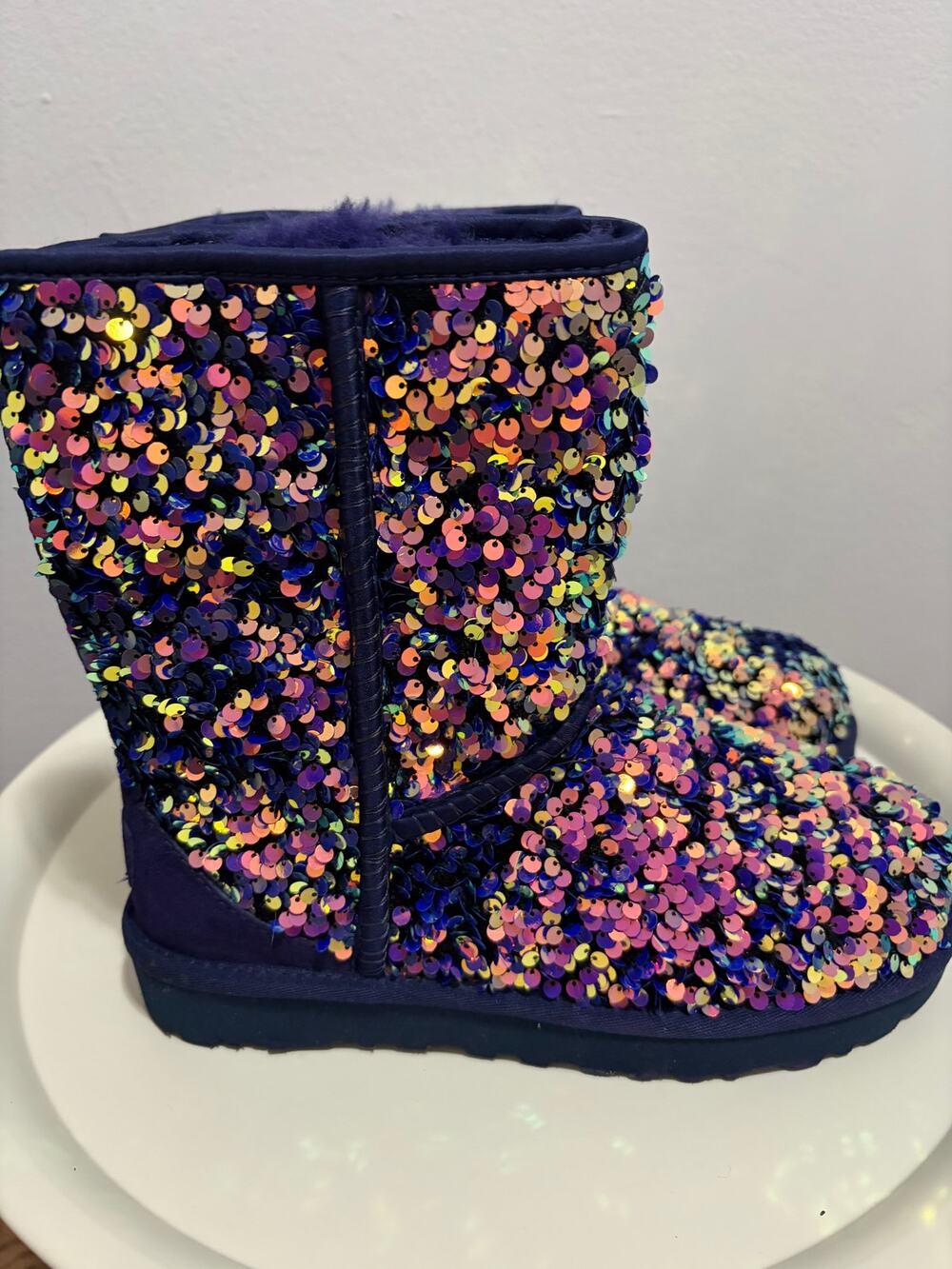UGG Classic Short Stellar Sequin Boots Purple Iridescent Multicolor Sparkle